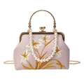 Vintage rosa Stickerei Abendtasche mit Perlengriff und goldener Kette für Damen - Rosa