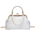 Pochette de soirée vintage en jacquard blanc avec anse en perles et cadre doré élégant - Blanc