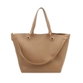 Minimalist camel leather bucket tote bag with gold ring hardware and shoulder strap - Brown