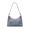 Blaue Denim-Achseltasche mit silbernen Nieten und Reißverschluss im trendigen Motor-Stil - Blau