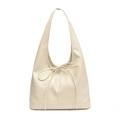 Creamy white glossy leather hobo bag with delicate bow knot detail and soft shoulder strap - White