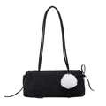 Minimalist black suede rectangular underarm bag with thin straps and white plush ball charm - Black