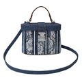 Borsa a tracolla in denim blu con pizzo bianco e manico in pelle marrone - Blu scuro