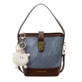 Retro denim bucket bag with brown leather trim and a white plush sheep charm pendant - No Pendant / Blue