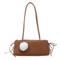 Minimalist caramel brown rectangular shoulder bag with bow accents and plush pompom charm - Brown