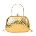 Elegante goldene gewebte Abendtasche aus Metall mit rundem Griff und abnehmbarer Kette - Gold