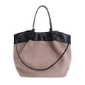 Borsa tote retrò in tela con manici in pelle nera e cuciture in camoscio rosa per donna - Cachi