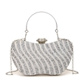 Silver rhinestone and pearl evening clutch bag with ring handle and detachable chain strap - Silver