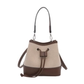 Borsa a secchiello minimalista in tela con tessuto crema e finiture in pelle marrone - Marrone