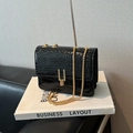 Glossy black crocodile pattern shoulder bag with gold chain and metal buckle - Black