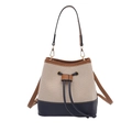 Borsa a secchiello tricolore in tela beige con base in pelle blu navy e manici marroni - Blu