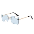 Fashionable rimless blue lens sunglasses with gold metal frame and notched corner edges - Gold Frame Blue Lenses