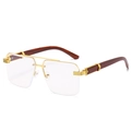 Lunettes de soleil carrées sans monture avec pont doré et branches en grain de bois - Monture dorée standard verres transparents