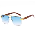 Irregular square rimless sunglasses with blue gradient lenses and brown wood temples - Gold Frame Gradient Blue Lens
