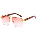 Square rimless sunglasses with orange gradient lenses and dark wood grain temples - Gold Frame Gradient Pink Lens