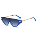 Fashionable geometric cat-eye sunglasses with blue frames and gold metal temples - Blue Frame with Double Gray Lens