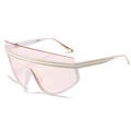 Futuristic white shield sunglasses with gold metal accents and translucent pink lenses - White Frame Pink Lens
