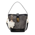 Grey denim bucket bag with black leather trim, gold hardware and plush charm - No Pendant / Black