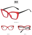Detail views of red cat-eye glasses frame with black temples and 3D textured rim - Red Frame