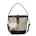 Green canvas bucket bag with black leather trim and cute plush lamb keychain accessory - No Pendant / Black and White