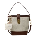 Retro grey-green canvas bucket bag with dark brown leather trim and lamb charm - No Pendant / White Brown