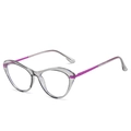 Cat eye glasses with transparent grey frames and purple striped temples in 45-degree view - Regular Transparent Grey Frames (Inc. 13% VAT)