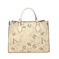 Cremeweiße Shopper-Tasche aus strukturiertem Leder mit Buchstabendruck und Goldbeschlägen - Weiß