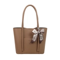 Bolso tote de cuero marrón con bufanda de seda decorativa para uso diario - Caqui