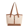 Borsa tote estate 2025 con trama intrecciata, finiture in pelle marrone e fibbia oro - Bianco Sporco