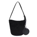 Minimalist black matte leather bucket bag with a detachable round coin pouch and silver hardware - Black