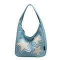 Borsa hobo in tela azzurra con tre toppe a stella in peluche bianco sul davanti - Blu