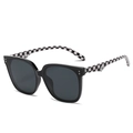 Square frame sunglasses with checkerboard temples and round metal detail in black - Black Frame Grey Lens Zebra Temples