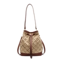 Khaki canvas bucket bag with brown leather trim and drawstring shoulder strap style - Coffee Khaki