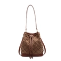 Brown woven bucket bag with leather drawstring and stylish white contrast stitching - Brown