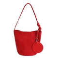Grand sac seau rouge en cuir mat avec bandoulière et pendentif rond assorti - Rouge
