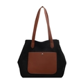 Minimalistische schwarze Canvas-Tasche mit braunen Ledertaschen und großer Kapazität - Schwarz