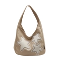 Minimalist light khaki canvas hobo bag with cute white plush star patches for women - Off White