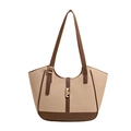 Beige woven tote bag with brown leather contrast and elegant gold hardware lock - Brown