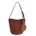 Brown frosted suede bucket bag with knotted shoulder strap and round coin purse - Brown
