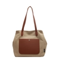 Minimalistische Canvas-Einkaufstasche in Beige mit braunen Ledergriffen und Fronttasche - Khaki