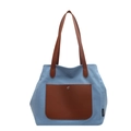 Himmelblaue Canvas-Tragetasche mit braunen Lederriemen und praktischer Fronttasche - Blau