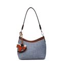Borsa sottobraccio in denim blu retrò con finiture in pelle marrone e charm a cavallo - Blu