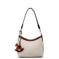 Borsa hobo in tela crema con finiture in pelle marrone e ciondolo a cavallo - Bianco Sporco
