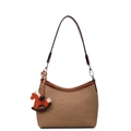 Borsa a spalla vintage in tela kaki con finiture in pelle marrone e ciondolo cavallo arancio - Marrone