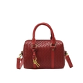 Red woven leather Boston bag with dual top handles and adjustable crossbody strap - Red