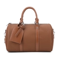 Brown lychee-grain faux leather bowling bag with matching square luggage tag and silver hardware - Khaki