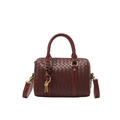 Woven leather underarm bag in wine red finish with adjustable shoulder strap and gold hardware - Dark Red