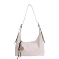 Beige faux leather hobo shoulder bag with brown glove charm and metal buckle - With Pendant / White