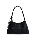 Minimalistische schwarze gewebte Leder-Hobo-Tasche mit Knotengriff und Texturdetails - Schwarz