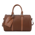 Brown litchi leather bowling handbag with double handles and detachable strap in vintage style - Brown